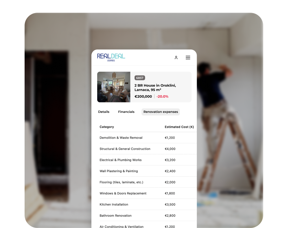 Renovation cost breakdown and project management interface